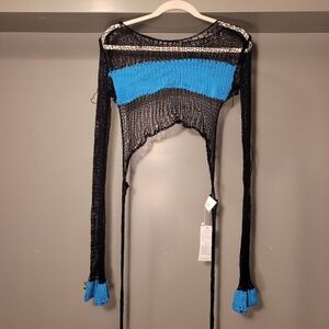 Crochet Knit Cropped Top Open Back Tie Waist, Women's Size L, Black Teal Blue